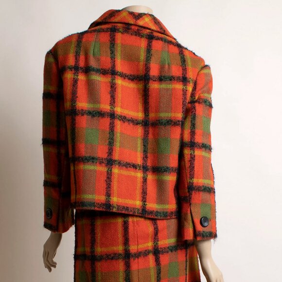 Vintage 1960s Plaid Skirt & Jacket Coat Set Vest Orange Green Vogue Paris 60s - Picture 5 of 11